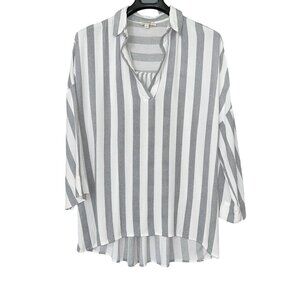 Umgee Gray and White Stripe Top / Vertical Stripe Collared Tunic / Plus Size 1X